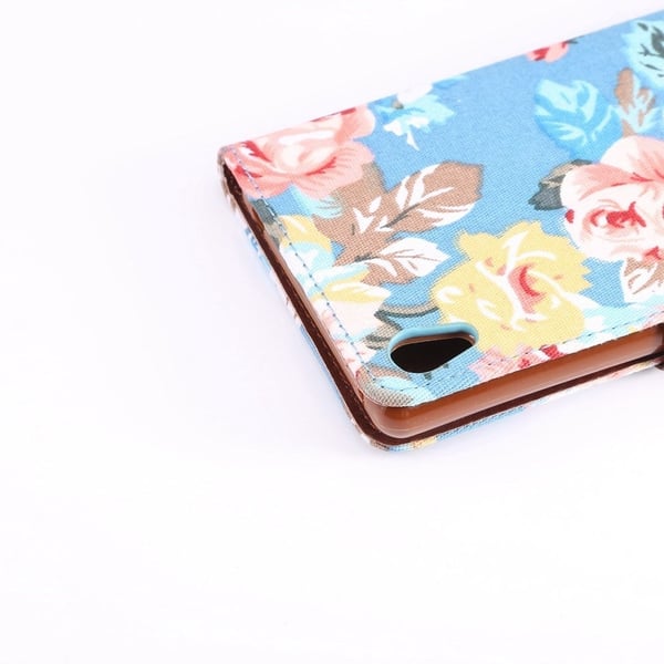 Sony Xperia Z3+ Læder Flip Etui Med Kortholder - Blåt Blomstret mønster