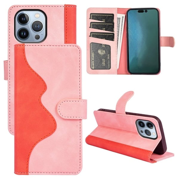 Kaksivärinen nahkainen läppäkotelo iPhone 14 Pro - Pinkki
