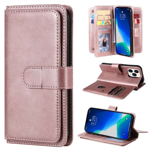 10-slot Lommebok Etui til iPhone 14 Pro - Rose Gull 10-slot Lommebok Etui til iPhone 14 Pro - Rose Gull
