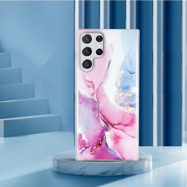 Marble Samsung Galaxy S22 Ultra Etui - Lyserød / Blå