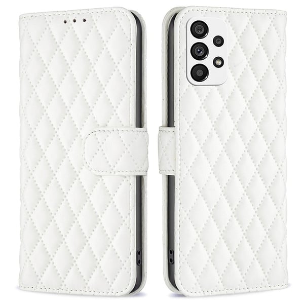 Rombuskuvioinen matta läppäkotelo Samsung Galaxy A73 - Valkoinen Rombuskuvioinen matta läppäkotelo Samsung Galaxy A73 - Valkoinen