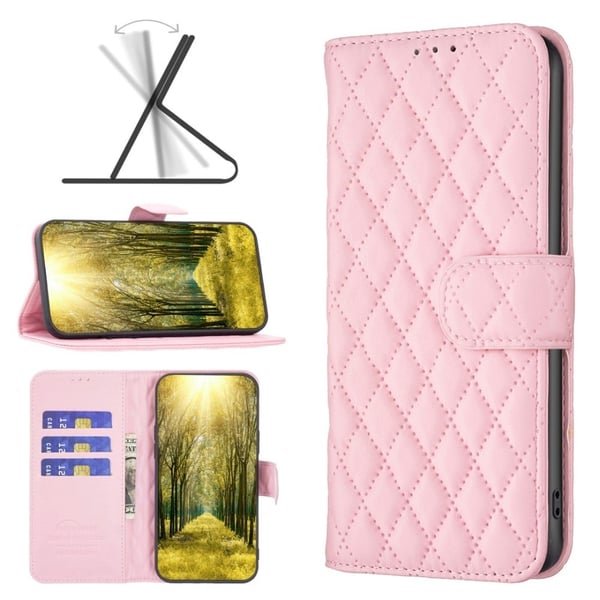 BINFEN COLOR iPhone 14 6.1 inch BF Style-14 Matte Vegansk Læder Imprinted Rhombus Pattern Case Stand Wallet Cover - Lyserød