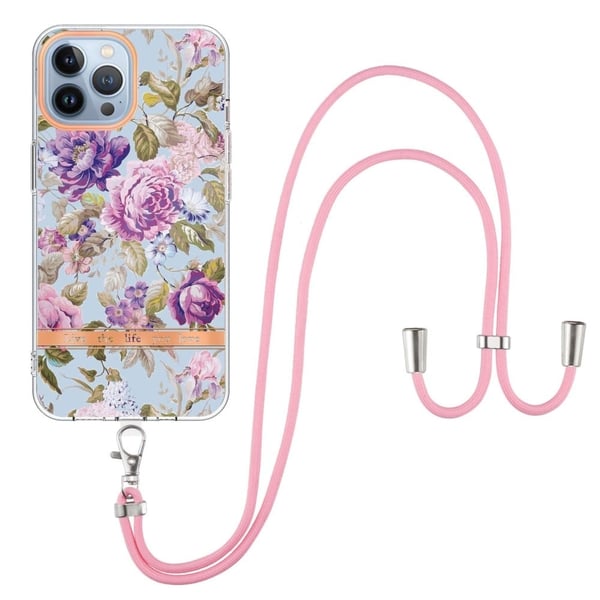 Slim og Slitesterk Softcover med Lanyard til iPhone 14 Pro - Hc006 Lilla Pion