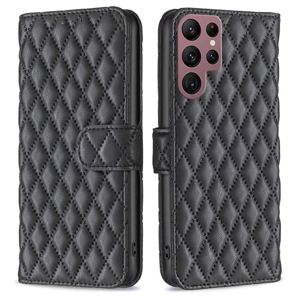 Rhombus mat Samsung Galaxy S22 Ultra flip etui - Sort