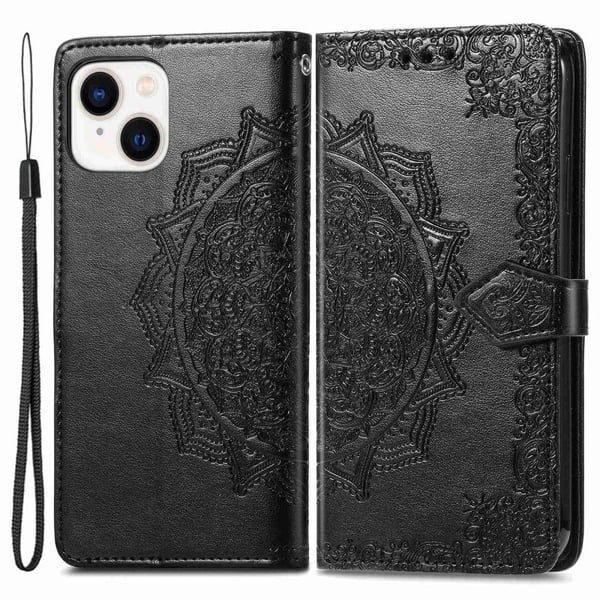 Mandala läder iPhone 14 Plus fodral - Svart Mandala läder iPhone 14 Plus fodral - Svart