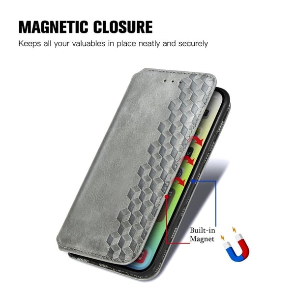 Nahkakotelo With A Stylish Rhombus Imprint For iPhone 14 Plus - Harmaa