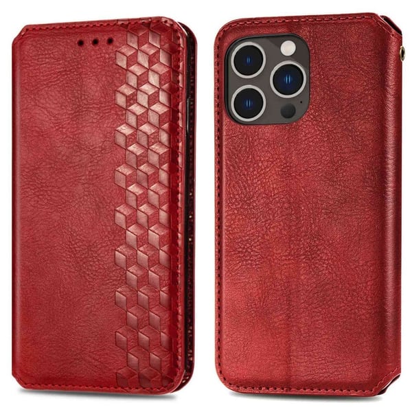 Læretui med A Stilfull Rhombus Imprint til iPhone 14 Pro - Rød
