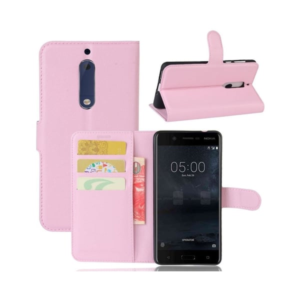Nokia 5 Litchi Skinn Tekstur PU Lær Flip Etui - Rosa Nokia 5 Litchi Skinn Tekstur PU Lær Flip Etui - Rosa