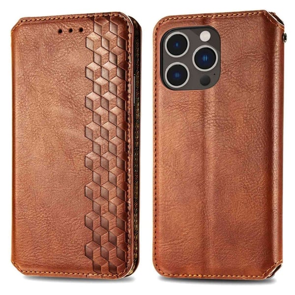 Læretui med A Stilfull Rhombus Imprint til iPhone 14 Pro Max - Brun