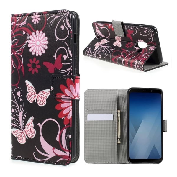 Samsung Galaxy A8 (2018) Etui laget av kunstlær og silikon - Rosa sommerfugler og blomster