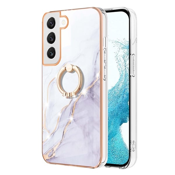 Marble Mønstret Cover med Ring Holder til Samsung Galaxy S22 Plus - Hvid Marmor Haze