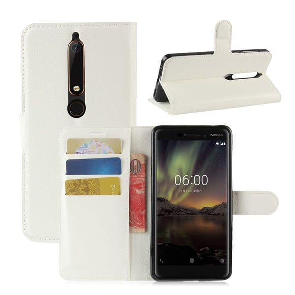 Nokia 6 (2018) litchi tekstur PU læder flip etui - hvid