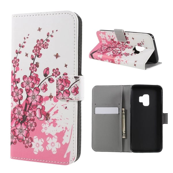 Samsung Galaxy S9 mønstret grynet PU læder flip etui - Pink blomst