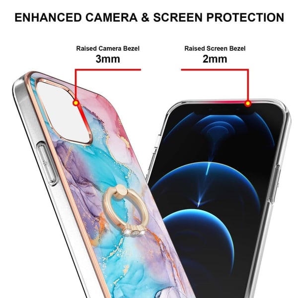 Marble Patterned Suojakuori With Ring Holder For iPhone 13 - Milky Way Marble Blue