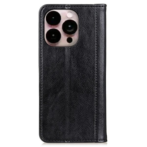 Ekte lærdeksel med magnetisk lukking for iPhone 14 Pro Max - Svart