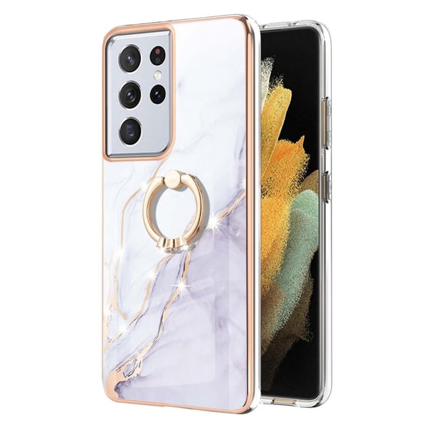 Marble Mønstret Deksel med Ring Holder til Samsung Galaxy S21 Ultra 5G - Hvit Klinkekule Haze