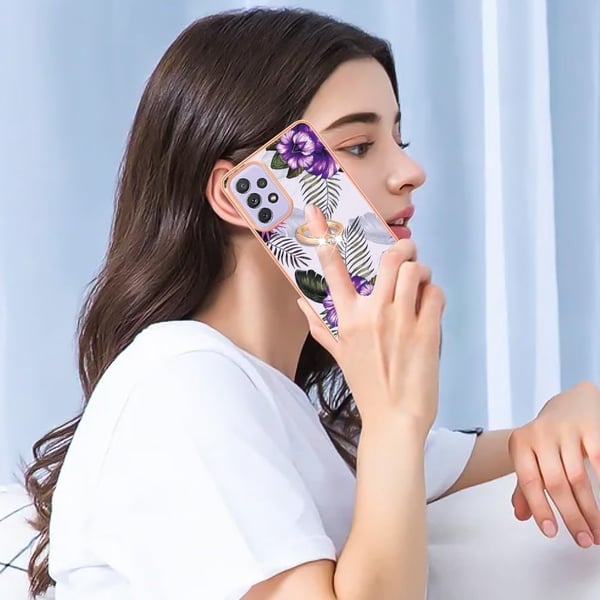 Marble Patterned Suojakuori With Ring Holder For Samsung Galaxy A53 5G - Purple Flowers