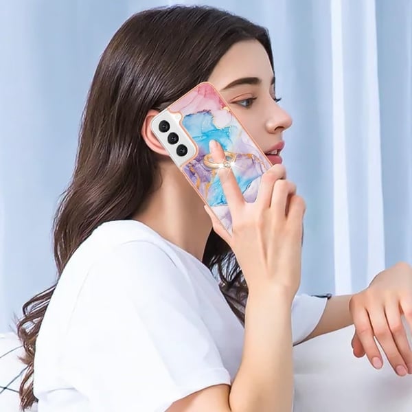 Marble Mønstret Cover med Ring Holder til Samsung Galaxy S22 - Milky Way Marmor Blue