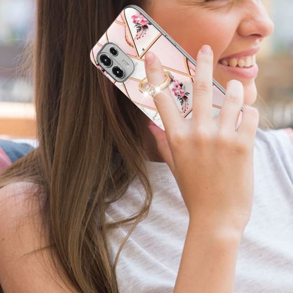 Marble Mønstret Cover med Ring Holder til Motorola Edge 20 Lite - Lyserøde Blomster