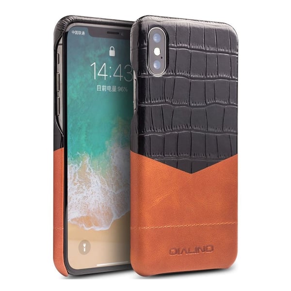 QIALINO iPhone X Deksel laget av ekte lær og plastikk - Svart og brun