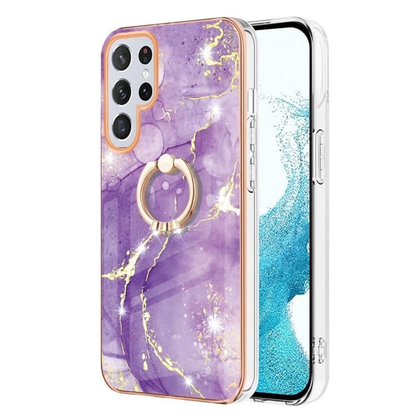 Marble Mønstret Deksel med Ring Holder til Samsung Galaxy S22 Ultra - Lilla Klinkekule Haze