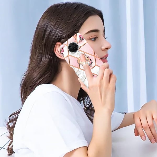 Marble Mønstret Cover med Ring Holder til Nokia G10 / G20 - Lyserøde Blomster