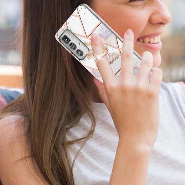 Marble Mønstret Deksel med Ring Holder til Motorola Edge 20 Pro - Krone
