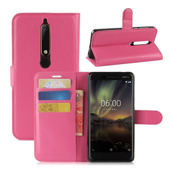 Nokia 6 (2018) litchi tekstur PU læder flip etui - Rose