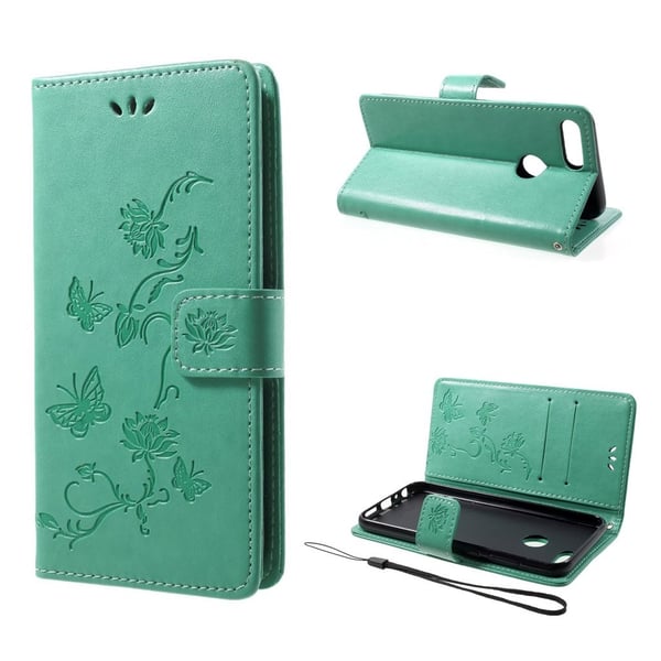 Huawei Honor 9 Lite stemplet sommerfugl blomster PU læder flip etui - Cyan Huawei Honor 9 Lite stemplet sommerfugl blomster PU læder flip etui - Cyan