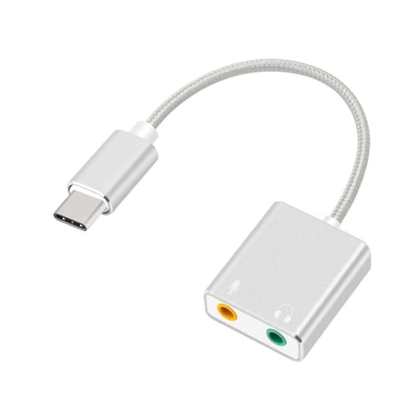Universel Type-C lydadapter ekstern stereolydkort adapter med 3.5mm jackstik til høretelefoner og mikrofon - sølvfarvet Universel Type-C lydadapter ekstern stereolydkort adapter med 3.5mm jackstik til høretelefoner og mikrofon - sølvfarvet