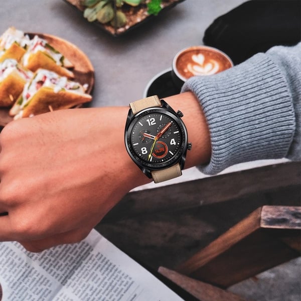 Huawei Watch GT / 2 / Watch Magic ægte læder Urrem - Sort / Abrikos