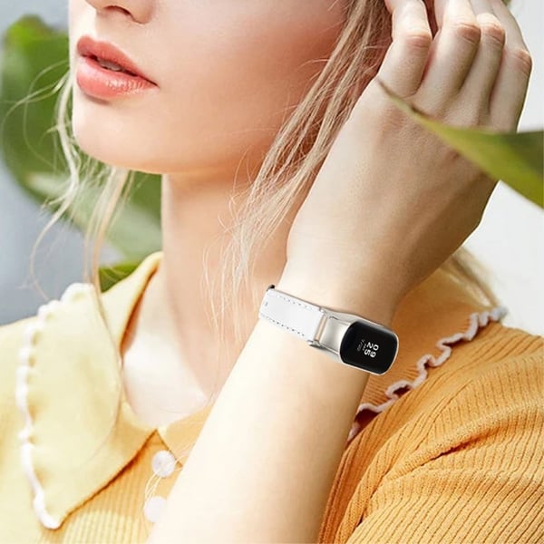 Xiaomi Mi Band 7 Cowhide ekte skinnklokkerem med sølvdeksel - Hvit