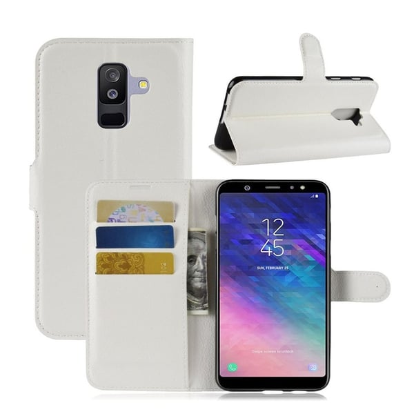Samsung Galaxy A6 Plus mobiletui i kunstlæder med Litchi overflade. Indbygget pung og stander - Hvid Samsung Galaxy A6 Plus mobiletui i kunstlæder med Litchi overflade. Indbygget pung og stander - Hvid