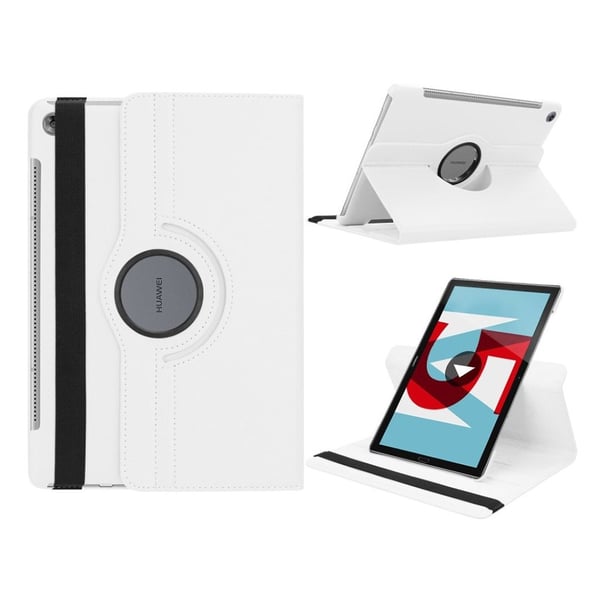 Huawei MediaPad M5 10 (10.8") beskyttelsesetui i kunstlæder med Litchi overflade. Med stativ og elastisk rem - Hvid