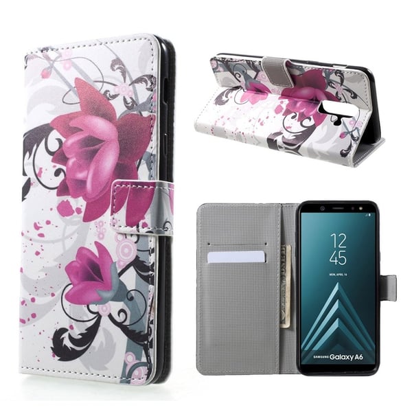 Samsung Galaxy A6 mobiletui i kunstlæder med printet mønster og magnetisk lukkefunktion samt pung - Lilla Blomster Samsung Galaxy A6 mobiletui i kunstlæder med printet mønster og magnetisk lukkefunktion samt pung - Lilla Blomster
