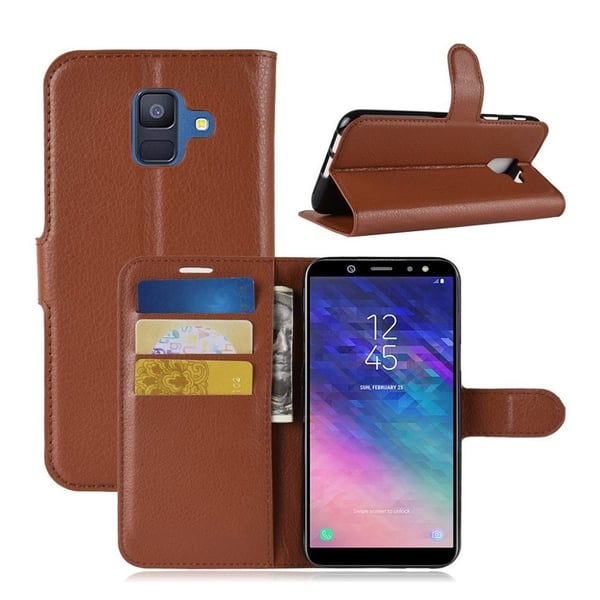 Samsung Galaxy A6 beskyttelses deksel av syntetisk skinn med litchi tekstur - brun