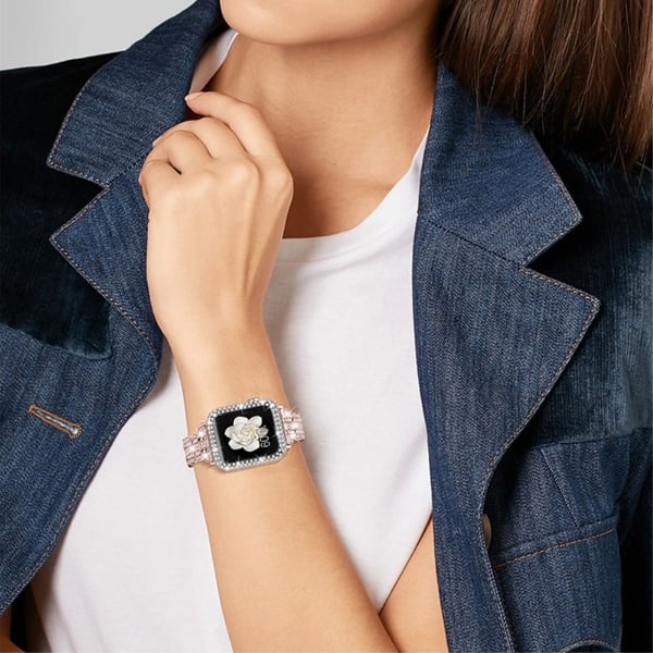 Apple Watch (45 mm) urrem i rustfritt stål med rhinestone-dekor og deksel - Rosa / Gull