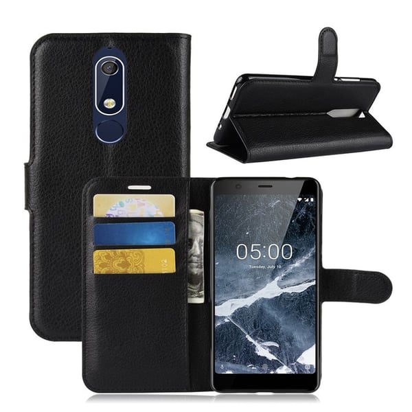 Nokia 5.1 beskyttelses deksel av syntetisk skinn med litchi tekstur - svart