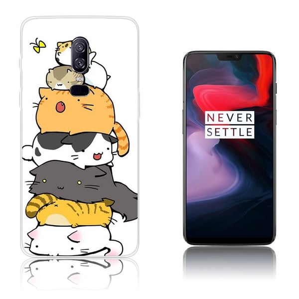 OnePlus 6 beskyttelsesetui i silikone med printet mønster - Søde katte ovenpå hinnanden