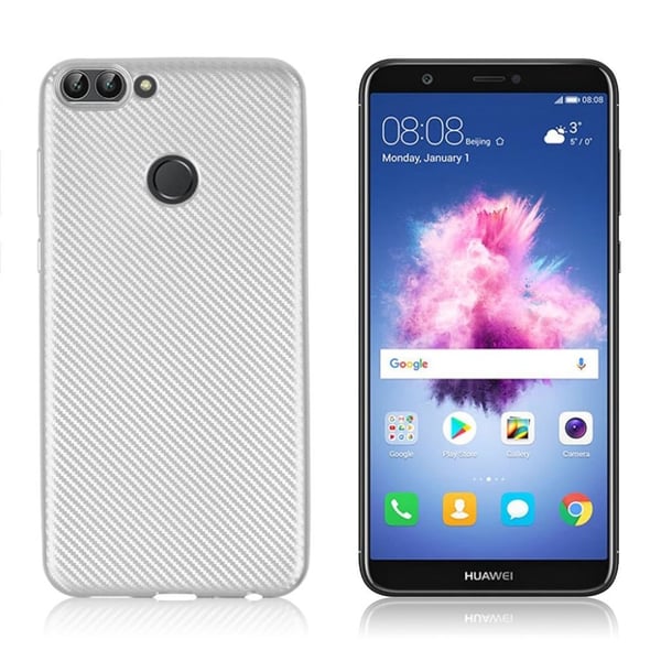 Huawei P Smart beskyttelsesetui i silikone- og plastik med carbon tekstur - Sølv