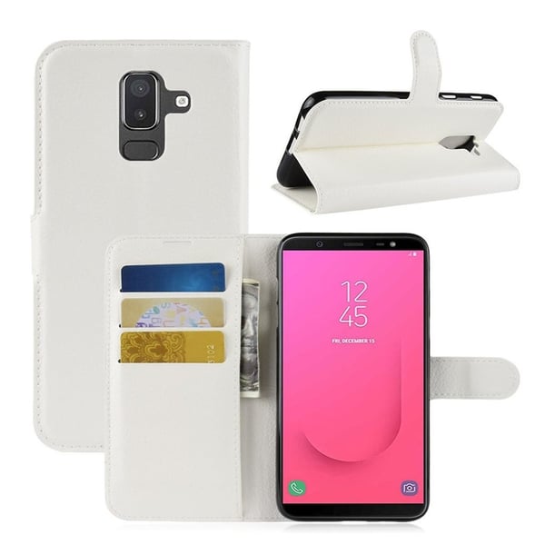 Samsung Galaxy J8 beskyttelses deksel av syntetisk skinn med litchi tekstur - hvit