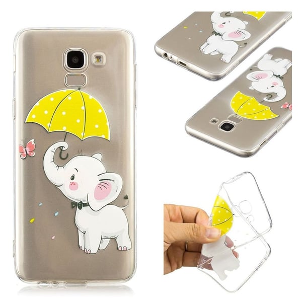 Samsung Galaxy J6 beskyttelses deksel av silikon og plastikk med printet bilde - elefant som holder paraply
