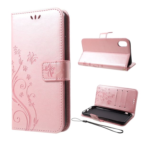 iPhone Xr beskyttelses deksel av syntetisk skinn med sommerfugl og blomster avtykk - rose gull iPhone Xr beskyttelses deksel av syntetisk skinn med sommerfugl og blomster avtykk - rose gull