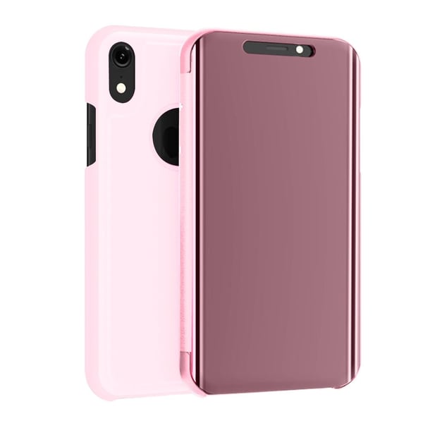 iPhone Xs Max beskyttelses deksel av syntetisk skinn med galvanisert speil forside - rose gull