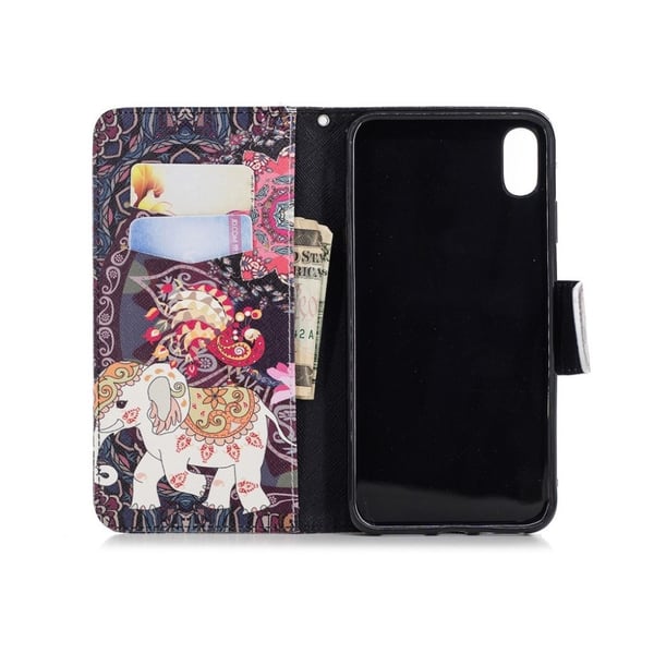 iPhone Xs Max læder flip cover med mønsterprint - Elefant Og Påfugl