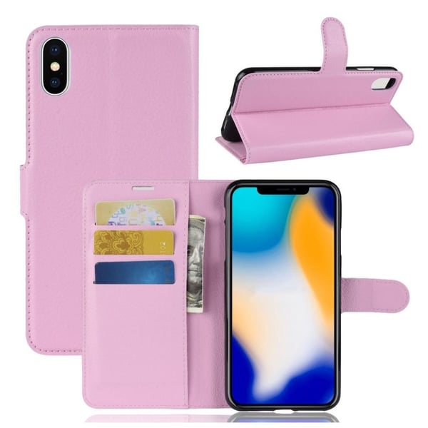iPhone Xs Max flip etui i læder med litchi-tekstur - Pink iPhone Xs Max flip etui i læder med litchi-tekstur - Pink