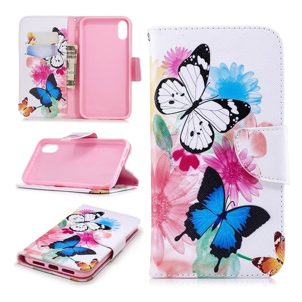 iPhone Xr beskyttelses deksel av syntetisk skinn med printet bilde - sommerfugler og blomster