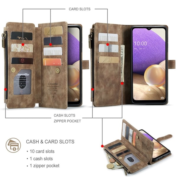 CaseMe telefonetui med glidelås og lommebok for Samsung Galaxy M32 5G / Samsung Galaxy A32 5G - Brun