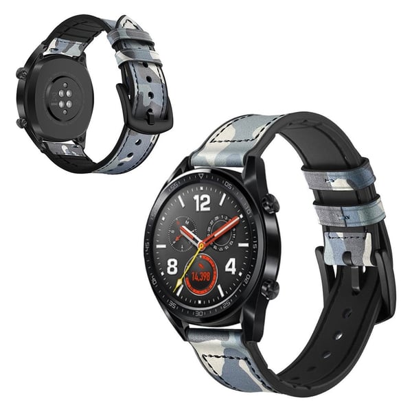 Huawei Watch GT / GT 2 42mm / 46mm / Magic ægte læder Urrem - Blå Camouflage Huawei Watch GT / GT 2 42mm / 46mm / Magic ægte læder Urrem - Blå Camouflage