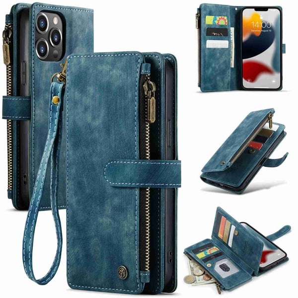 CaseMe iPhone 13 Pro Max etui med lynlås og pung - Blå